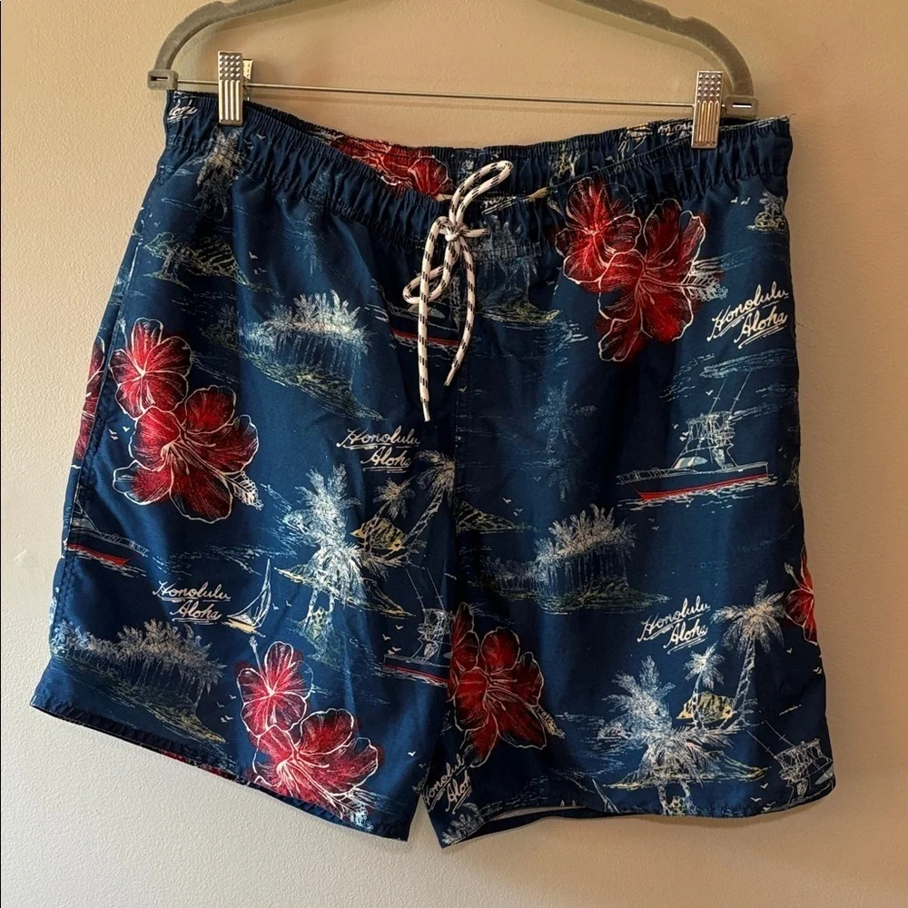 St. John's Bay Navy and Red Floral Swim Trunks Size L